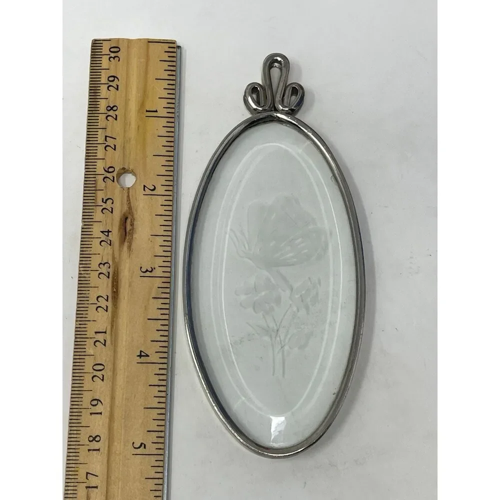 Etched Glass Butterfly Wall Hanging Miniature Paperweight Trinket Silver Rimmed